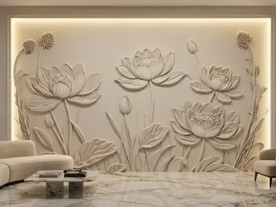 Lotus flowers wall art set relief STL panel carving CNC 259 3D model