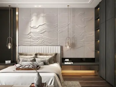 Modern black wood chinese style bedroom 3D model