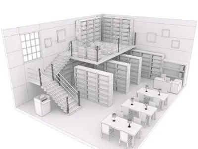 Library with bookshelves and stairs Low-poly 3D model