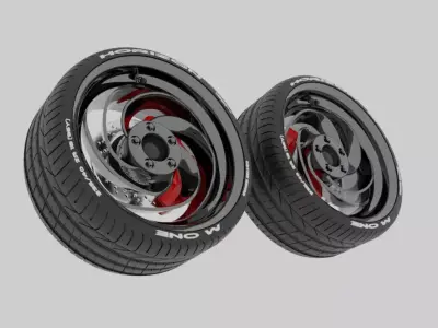 Unique car tires with brakes and rims 3D model