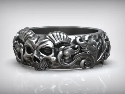 Classic Baroque Carved Hammered Skull Horn Ring 3D print model