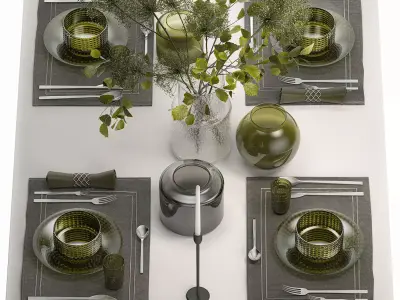  Table Setting For 4 Persons With A Bouquet 3D model