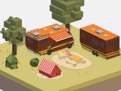 brown tourist van on halt in meadow Low-poly 3D model