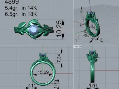 Leaf ring with round diamond and peg head4899 3D print model