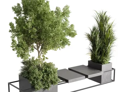 Urban Environment - Urban Furniture - Green Benches With tree 40 Low-poly 3D model