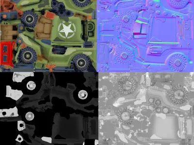 Lowpoly cartoon PBR WW2 army jeep vehicle 3D model