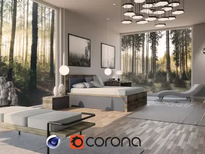 Bedroom interior design - forest view  3D model