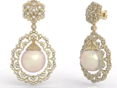 Luxury Victorian Floral Pearl Drop Earrings Pro 3D print model
