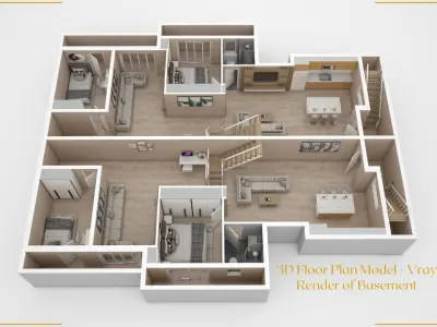 Set of Three 3D Floor Plans with Texture Furniture and Rendering 3D model