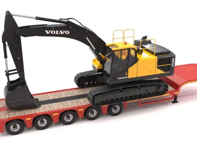 Lowboy Trailer with Excavator Volvo EC300E 3D model
