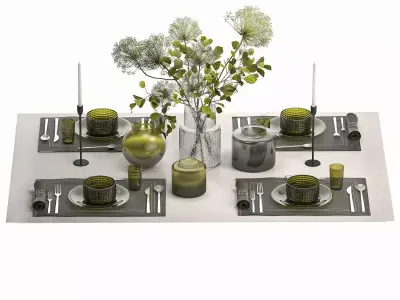 Stylish Table Setting For 4 Persons With A Bouquet 3D model