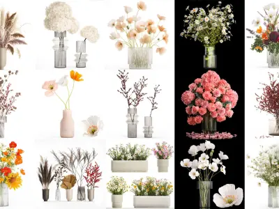 Collection of flower bouquets and vase set of 36 pieces 3D model