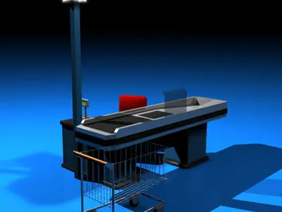Cashtill checkout counter with shopping cart 3D model