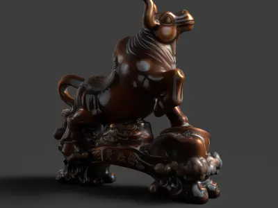 Chinese wooden ox figure  Low-poly 3D model