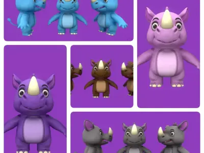 Cute Playful Rhino FullPack Low-poly 3D model