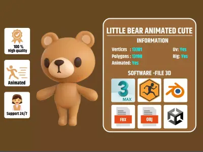 Little Bear Animated Cute 3D Models For Games And Animations Low-poly 3D model