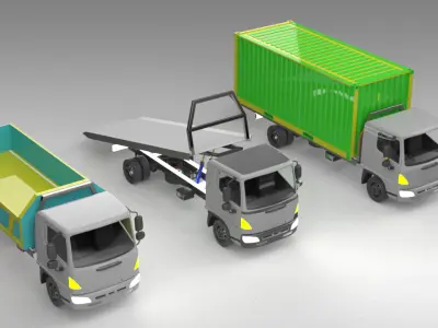 3 Trucks 3D Model  Dump Truck Container Carrier Flatbed Loader 3D model