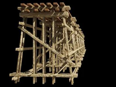 Two models 3D Wood trestle bridge and rail tracks Low-poly 3D model