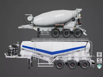 Cement Mixer and Trailer Rigged All PBR Unity UE Textures 3D Model Pack