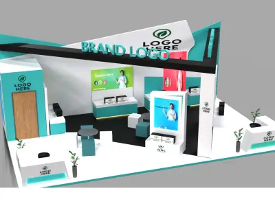 Contemporary exhibition booth with teal accents and brand focus 3D model