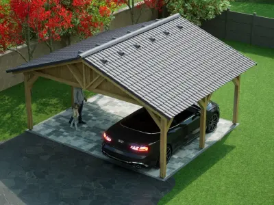 tiled wooden carport 5x6 m for render and game  3D model