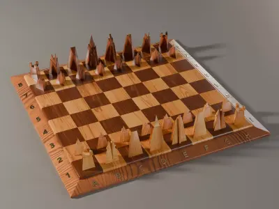 Wooden Chessboard with Pieces Free low-poly 3D model