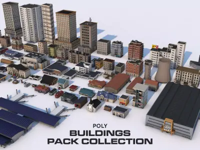 70 Poly Buildings Pack Collection Low-poly 3D model