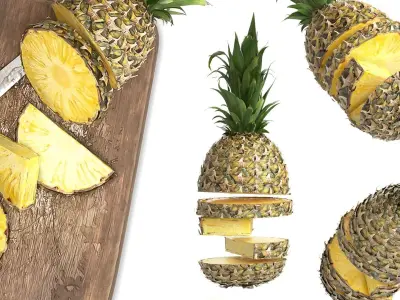 Pineapple on the Cutting Board with Knife 3D model