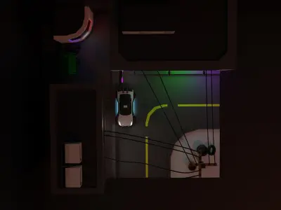 a scene with a car and buildings 3D model