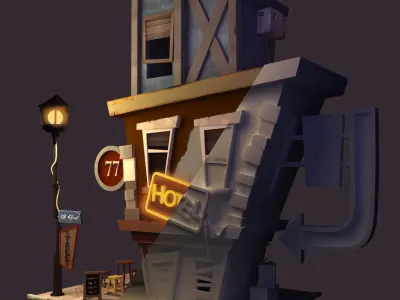 coffeshop street and  hotel  Low-poly 3D model