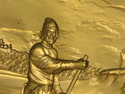 Painting gold medallion with man in boat 3D print model