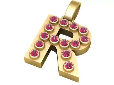 R Initial Gold Pendant  Ruby Stone Alphabet Necklace  3D print model