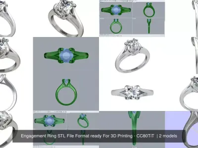 Engagement Ring STL File Format ready For 3D Printing - CC80TiT  3D Model Pack