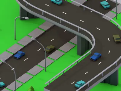 Highway Road and Bridge with Cars Low-poly 3D model