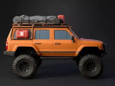 Stylized Orange Off-Road Vehicle with Expedition Gear Low-poly 3D model