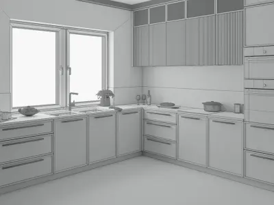 Modern L-shape kitchen grey and wood with dining table and chair 3D model