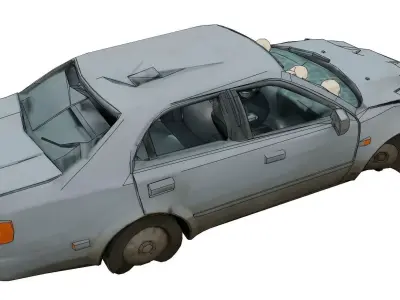 Wrecked plain car among ruins Low-poly 3D model