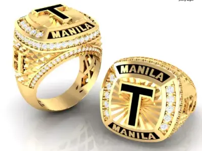 Custom Gold Ring   MANILA T Initial Design with Diamond 3D print model