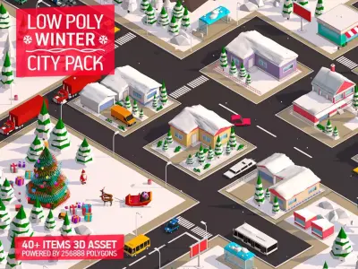 Cartoon Low Poly City Winter Pack Low-poly 3D model