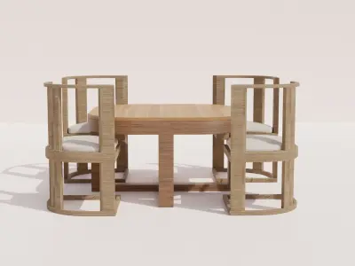 Wooden Dining Table and Chairs Set 3D model 3D model