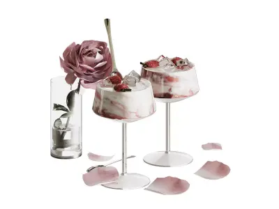 Romantic Strawberry Dessert and Rose Flower Set 3D model
