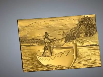 Painting gold medallion with man in boat 3D print model