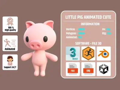 Little Pig Animated Cute 3D Models For Games And Animations Low-poly 3D model