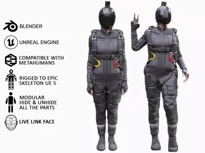 Woman in Skydiving Suit - Modular - Rigged Low-poly 3D model