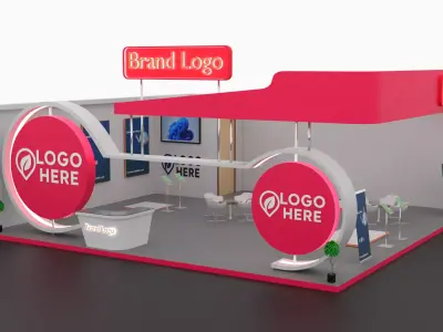 Curved fascia exhibition stall with circular side logos Low-poly 3D model