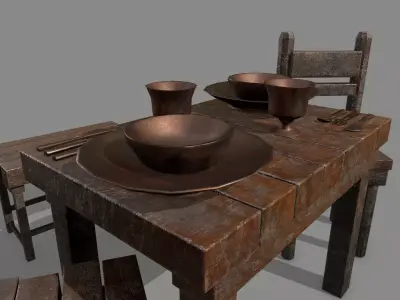 Medieval Set wooden chair Low-poly 3D model