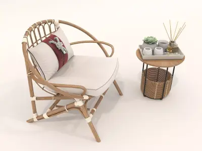 Rattan Coffee Table and Chair Set 4 3D model