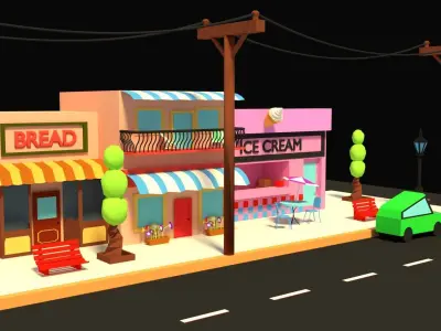 LOW POLY STREET SCENE Low-poly 3D model