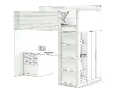 White Bunk Bed with Desk 3D model