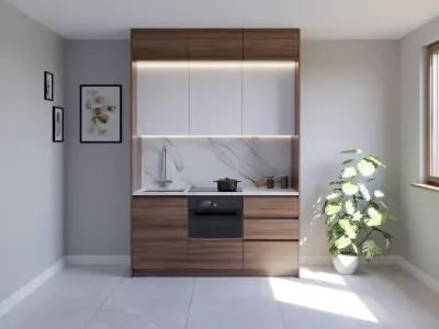 Mini small kitchen walnut white and marble 3D model